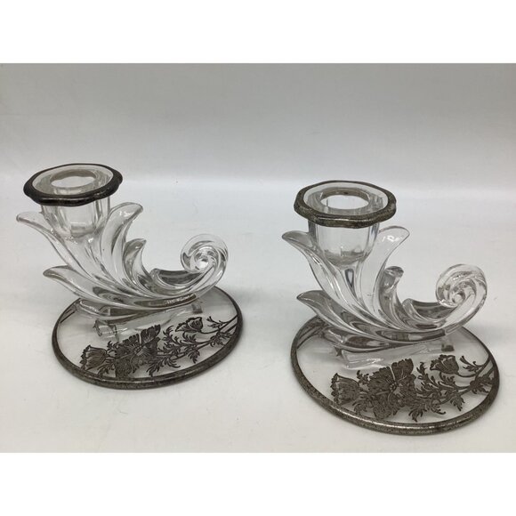 Silver City Vintage Glass Candle Holders With Poppy Flower Silver Overlay READ - Picture 2 of 9